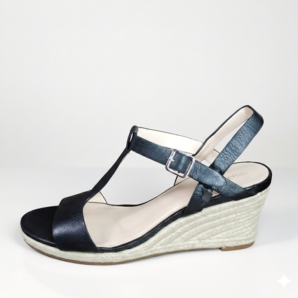 Cole Haan Size 8.5 Sandals Espadrille Black Leather Wedges Ankle T Strap Heels - Picture 4 of 9